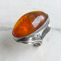 Sterling Silver & Amber Ring with Leaf Motif
